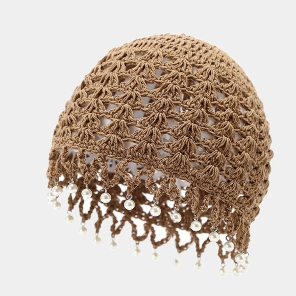 Crochet Beanie Tan with Faux Pearls - Picture 3 of 11